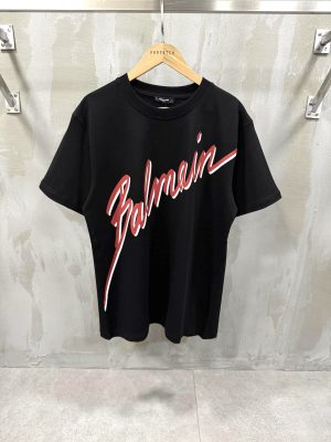 Black balmain flocked balmain letter cotton tee