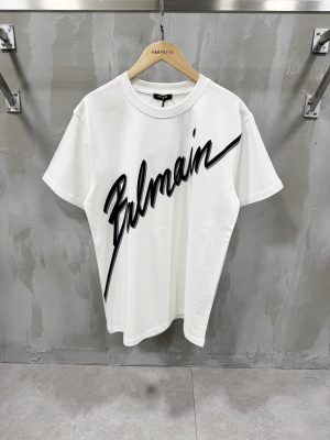 White balmain flocked balmain letter cotton tee