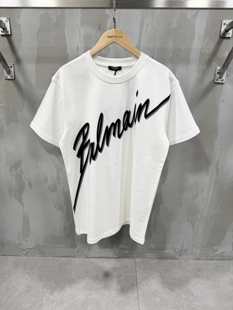 White balmain flocked balmain letter cotton tee