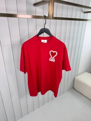 Red Ami paris logo patch embroidered cotton tee
