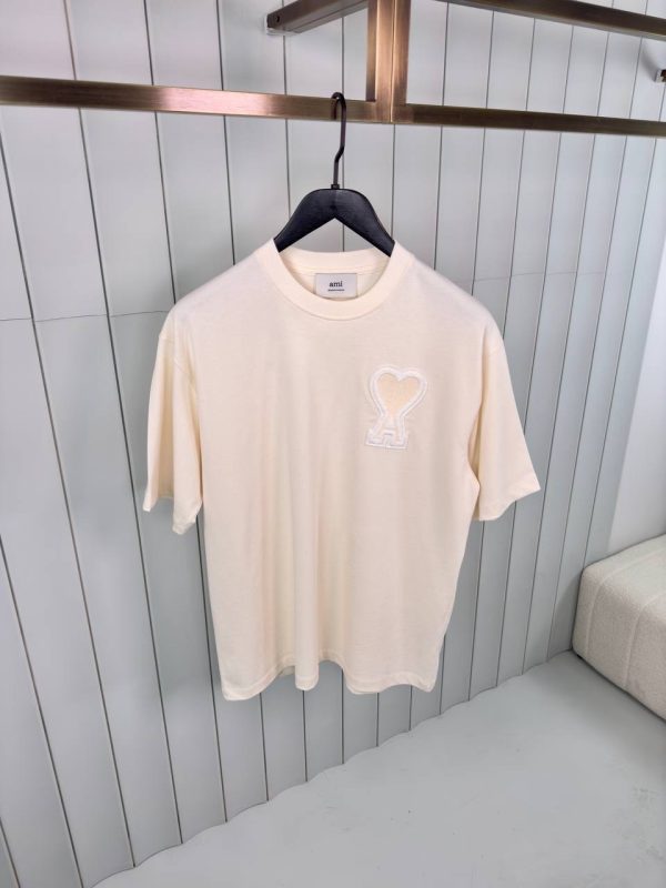 Beige Ami paris logo patch embroidered cotton tee