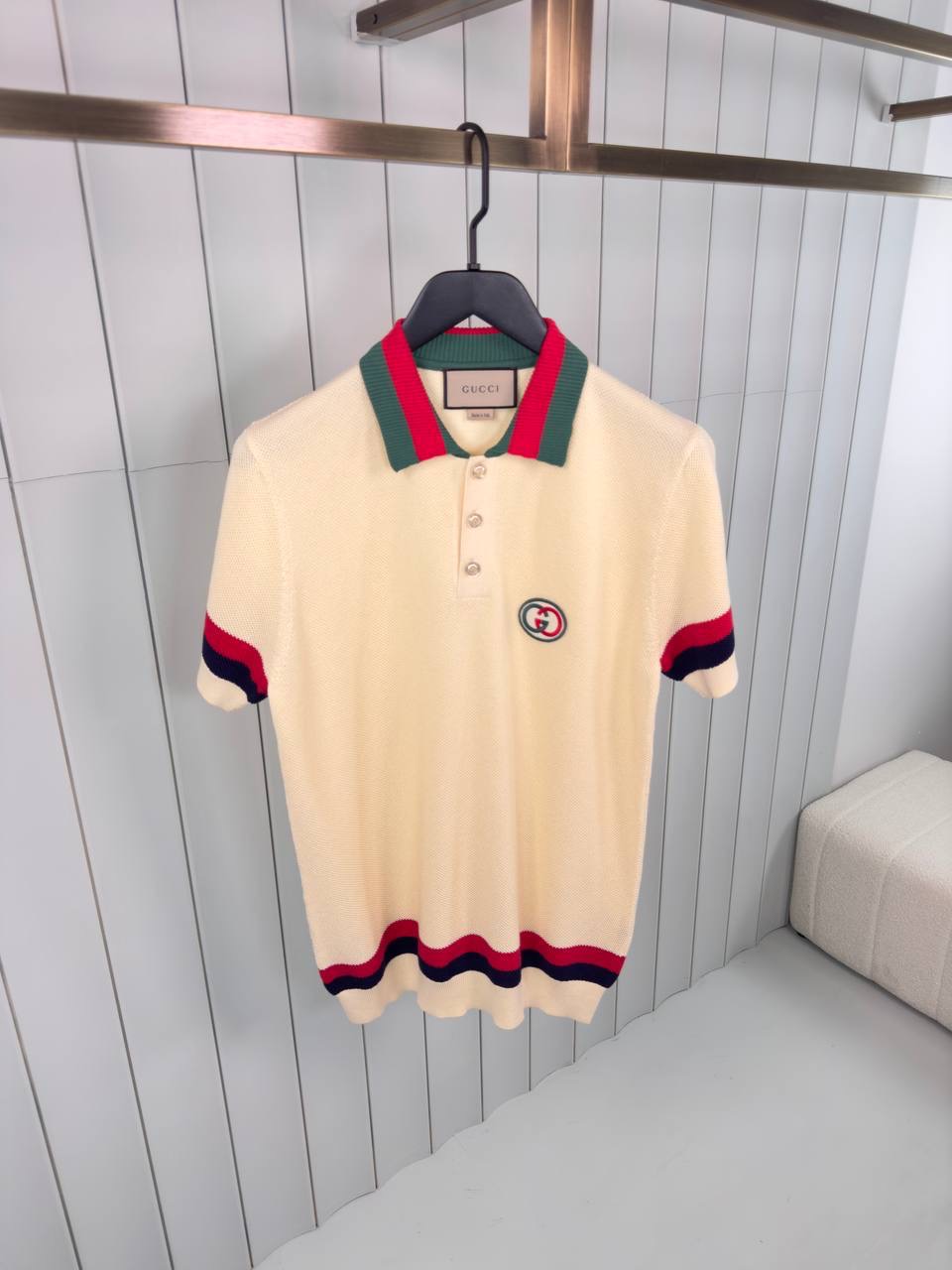 Yellow gucci knit cotton with web polo tee