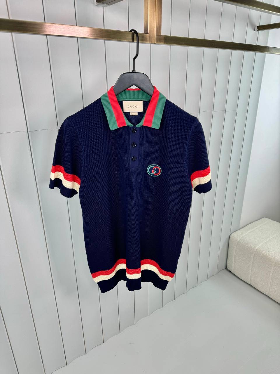 Navy gucci knit cotton with web polo tee