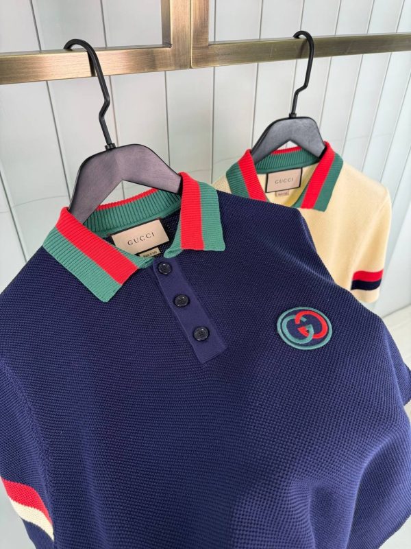 Navy gucci knit cotton with web polo tee - Image 2