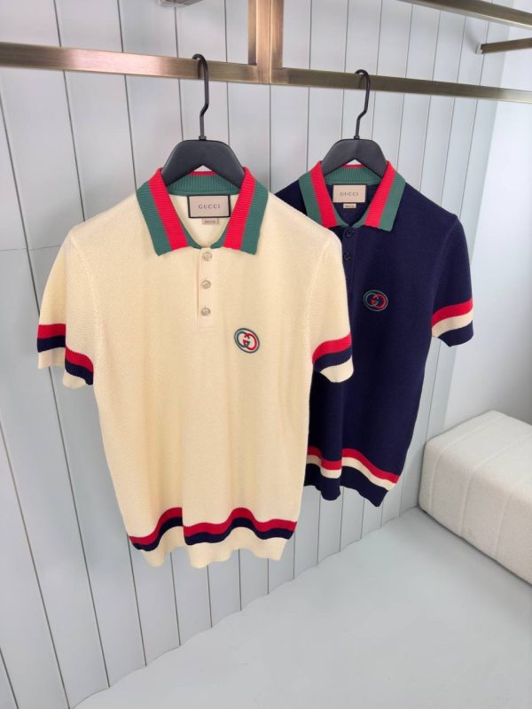 Navy gucci knit cotton with web polo tee - Image 3