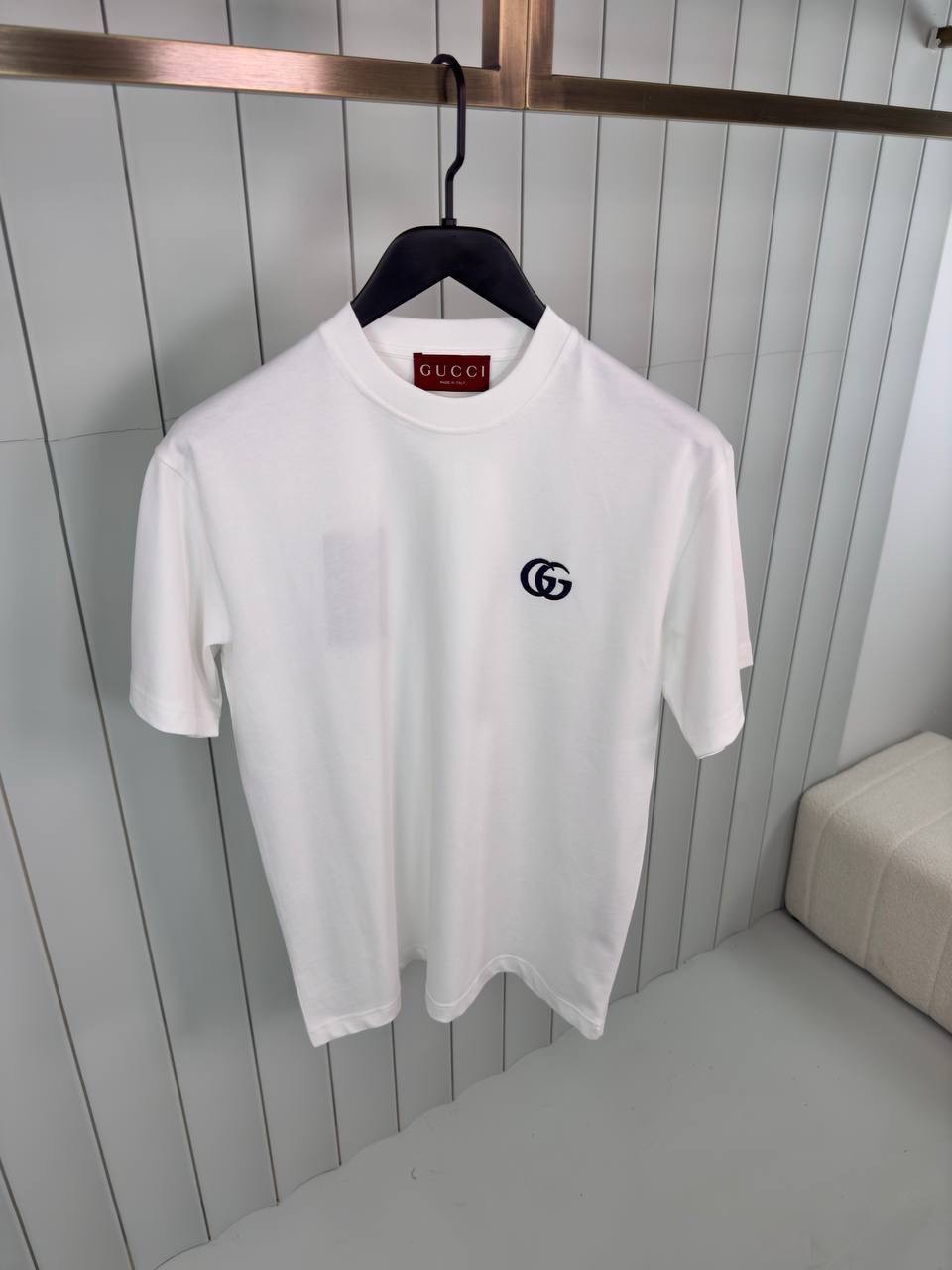White gucci double G embroidered cotton tee