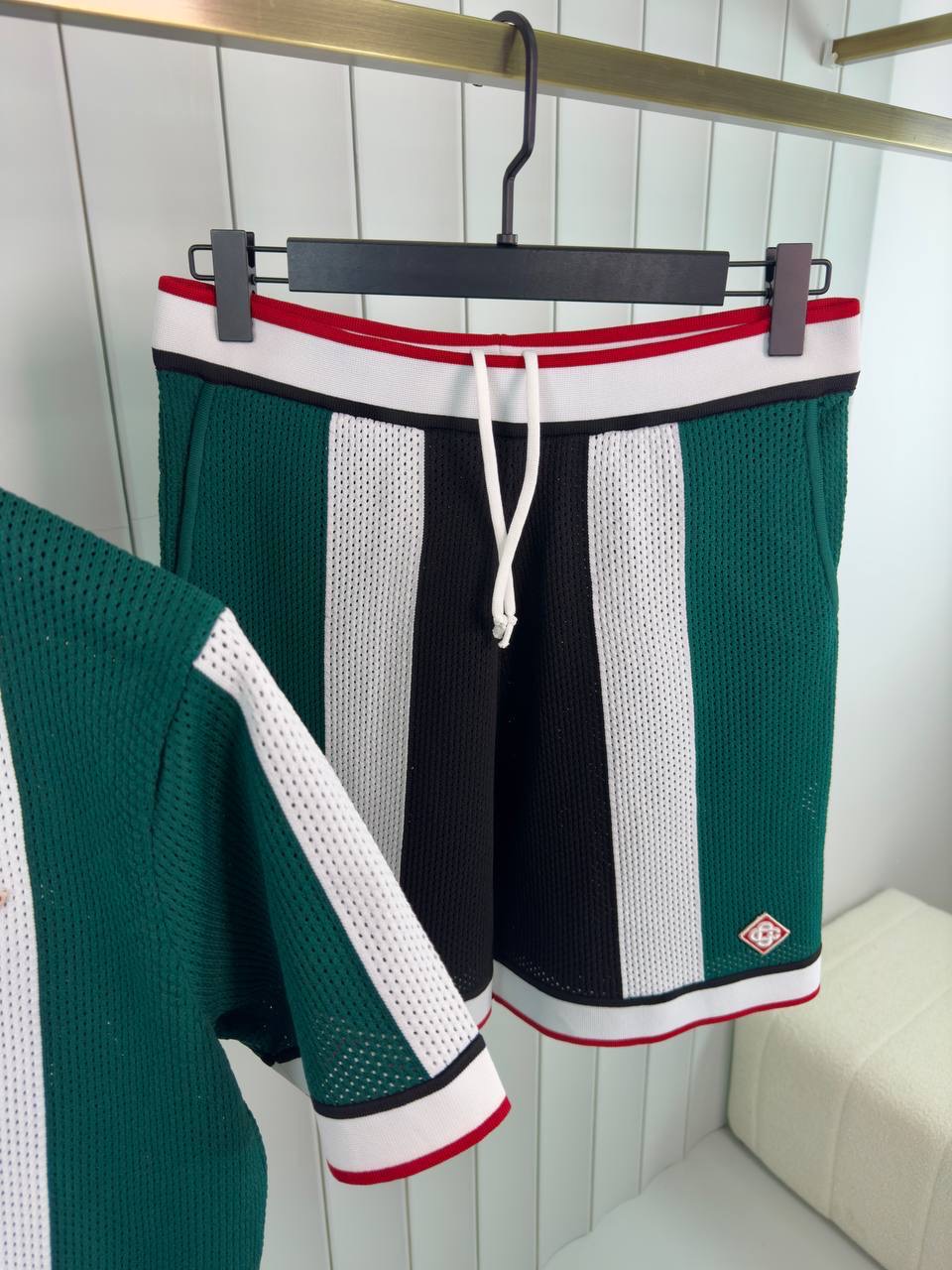 Green casablanca stripped mesh short set - Image 2