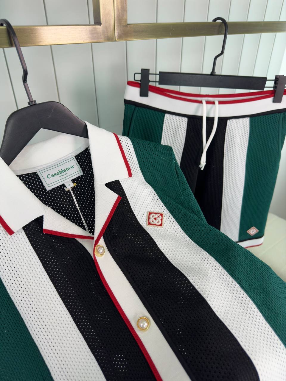 Green casablanca stripped mesh short set - Image 3