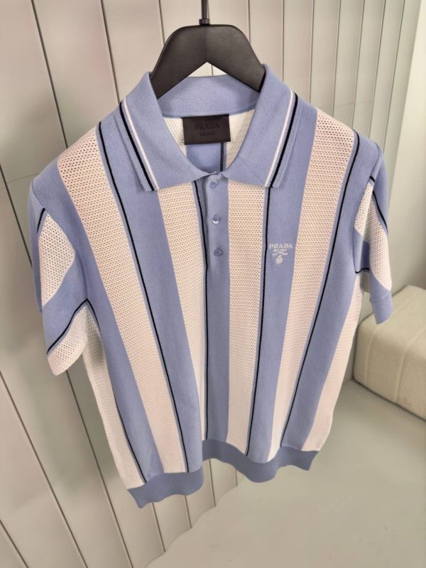 Blue prada striped knitted polo tee - Image 2