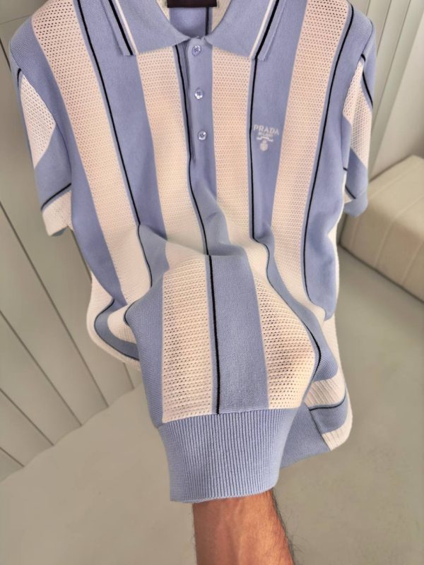 Blue prada striped knitted polo tee - Image 3
