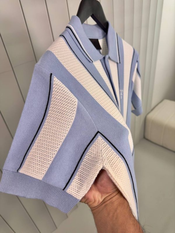 Blue prada striped knitted polo tee - Image 4
