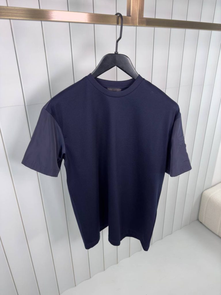 Navy prada sleeve triangle logo panelled cotton tee