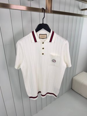 White gucci web striped knitted cotton polo tee
