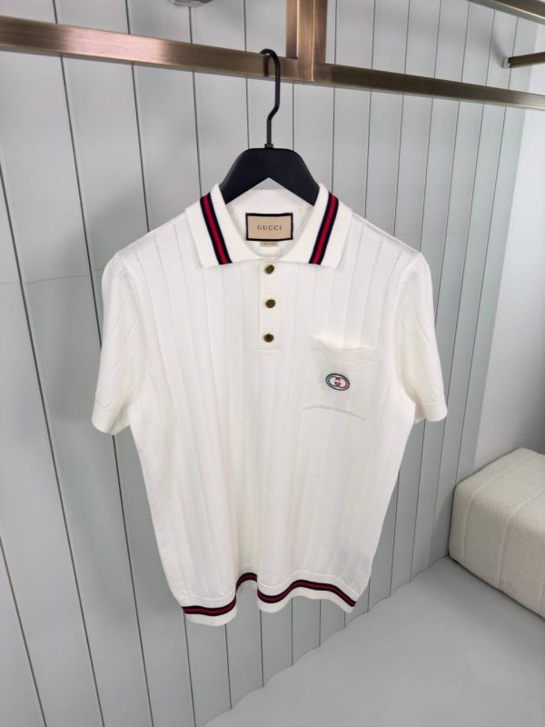 White gucci web striped knitted cotton polo tee