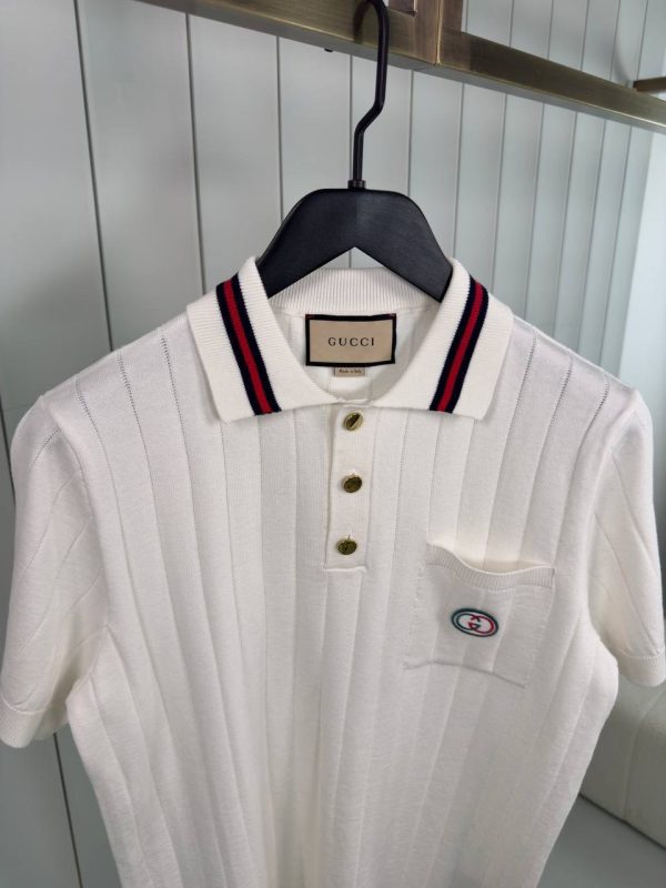 White gucci web striped knitted cotton polo tee - Image 2