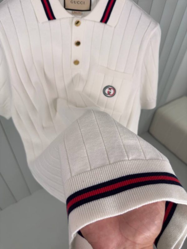 White gucci web striped knitted cotton polo tee - Image 3