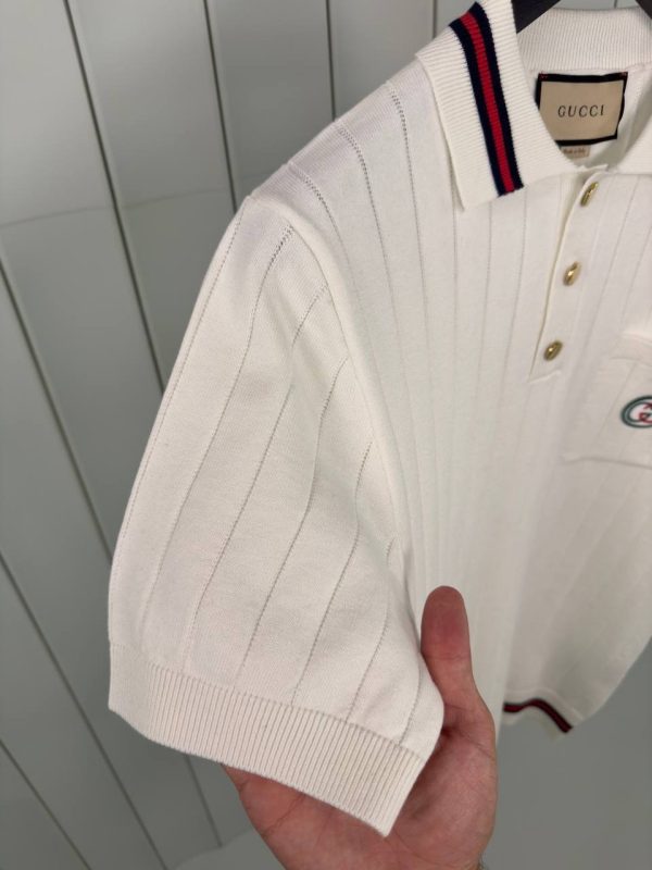 White gucci web striped knitted cotton polo tee - Image 4