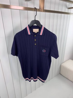 Navy gucci web striped knitted cotton polo tee