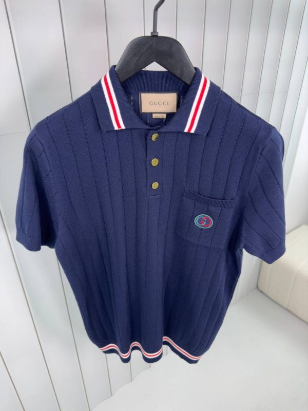 Navy gucci web striped knitted cotton polo tee - Image 2