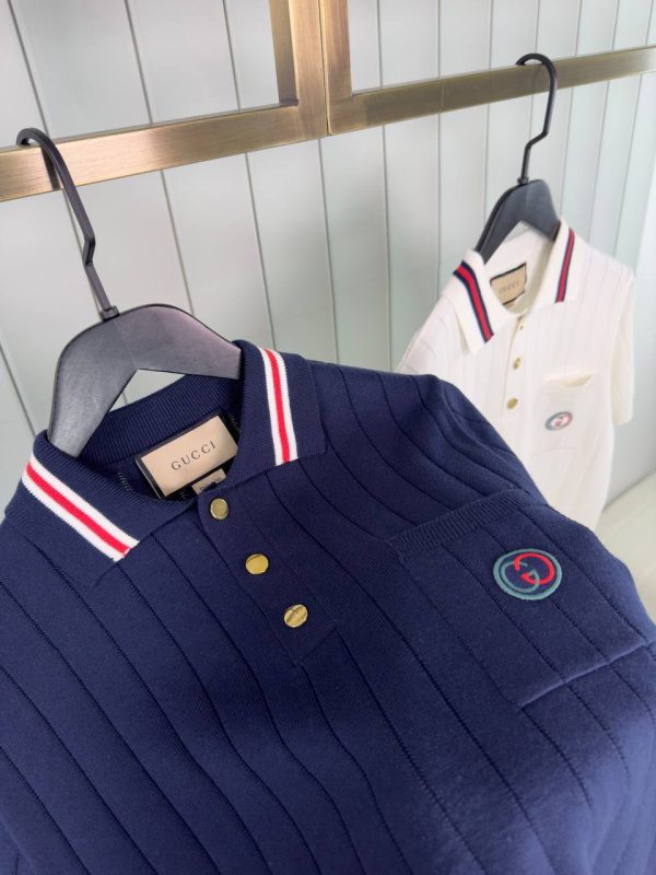 Navy gucci web striped knitted cotton polo tee - Image 3
