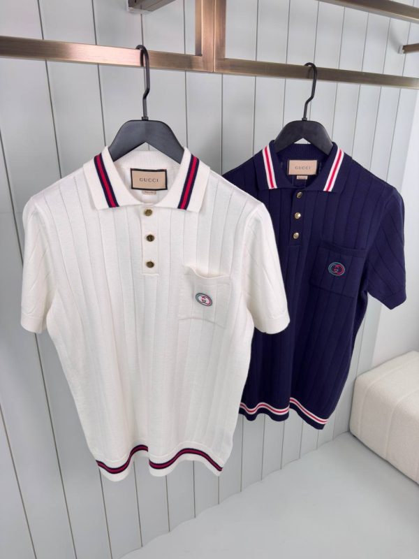 Navy gucci web striped knitted cotton polo tee - Image 4