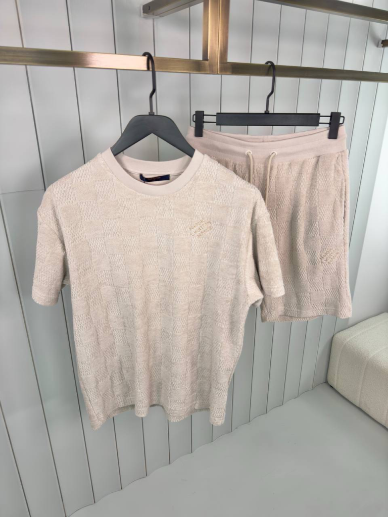 Preorder | Beige LV damier french terry cotton short set