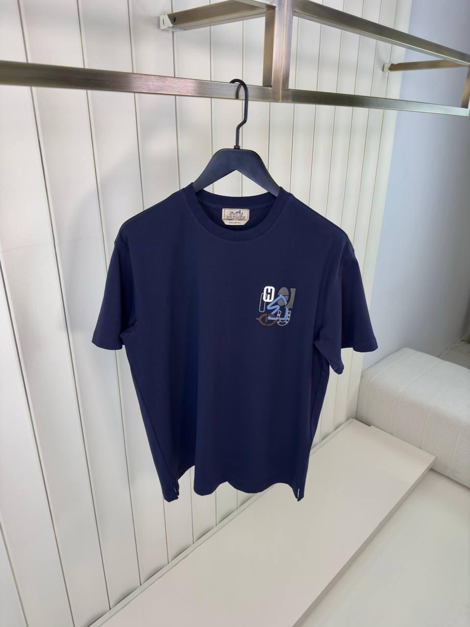 Navy Hermes H puzzle leather logo cotton tee