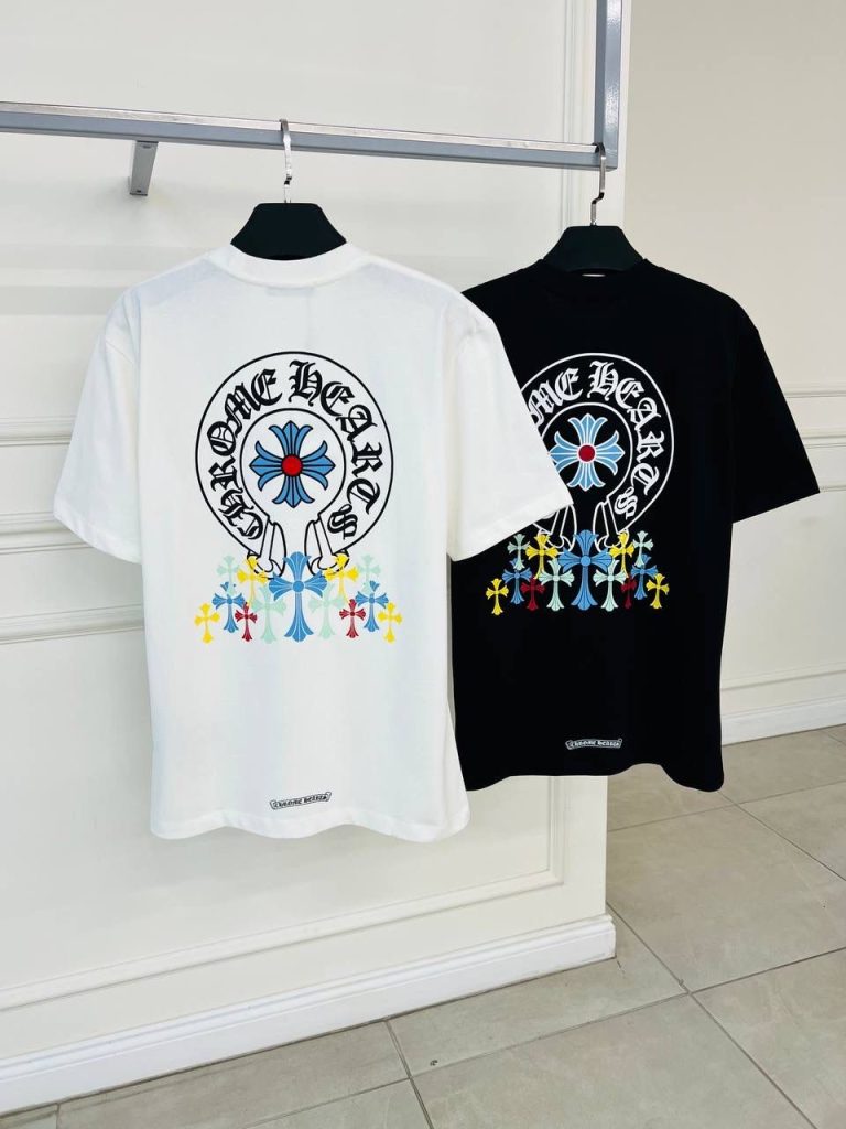 White chrome hearts cross pattern colors cotton tee
