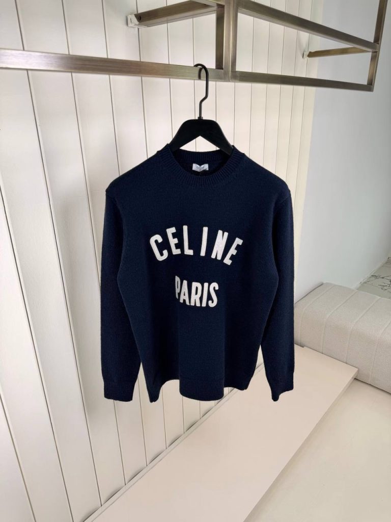 Navy Celine logo flocked ribbed cotton sweatshirt