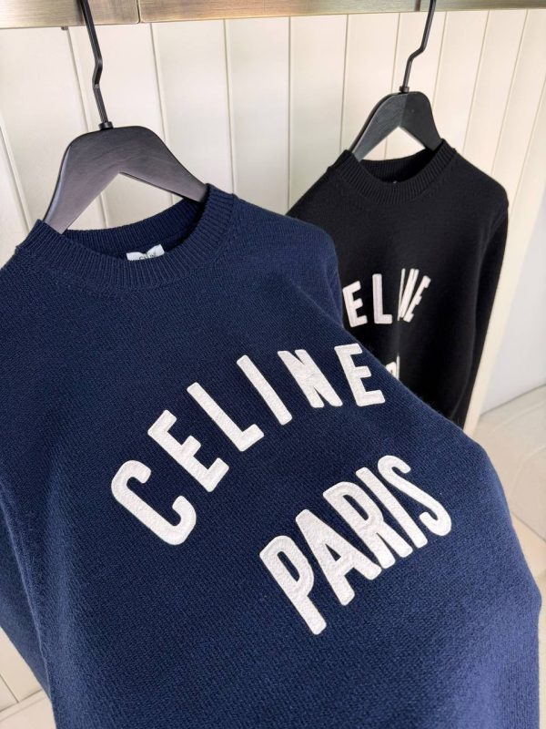 Navy Celine logo flocked ribbed cotton sweatshirt - Image 2