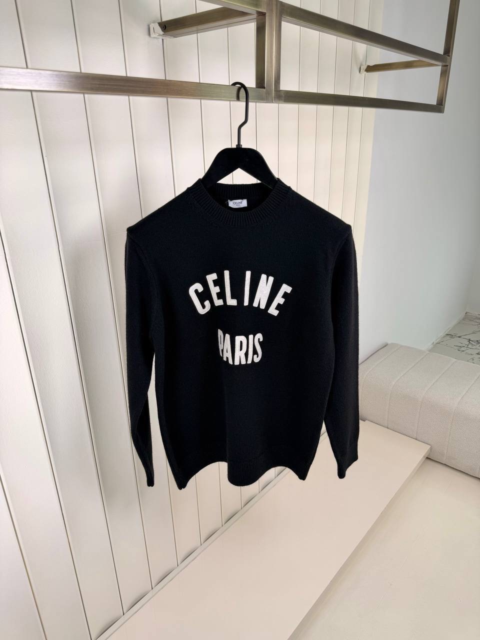 Black Celine logo flocked ribbed cotton sweatshirt