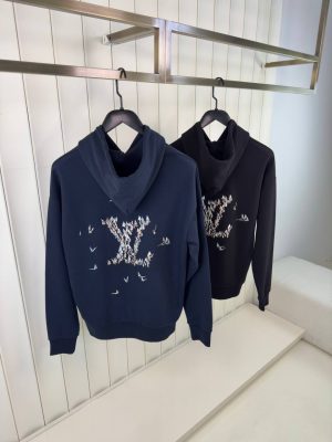 Navy LV Embroidered Signature Cotton Hoodie