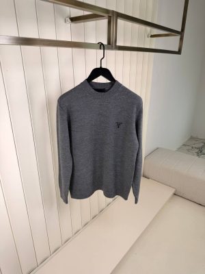Gray Prada logo embroidered cashmere sweatshirt