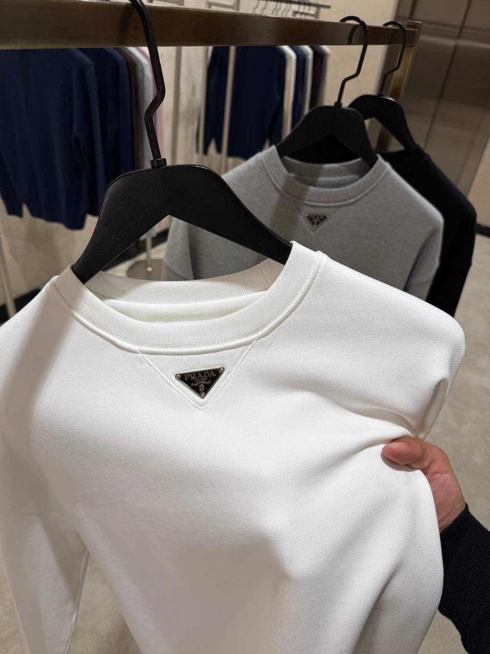 White prada logo neck cotton sweater