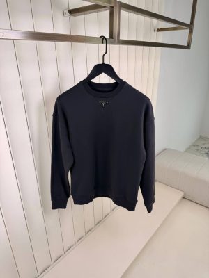 Smoked gray prada logo neck cotton sweater