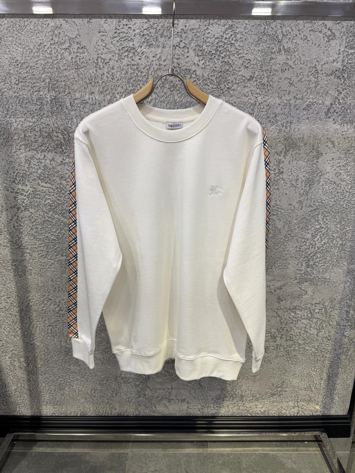 White Burberry sleeves check trim cotton sweatshirt