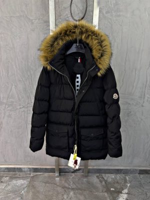 Black Moncler Cluny fur trimmed hood quilted puffer jacket