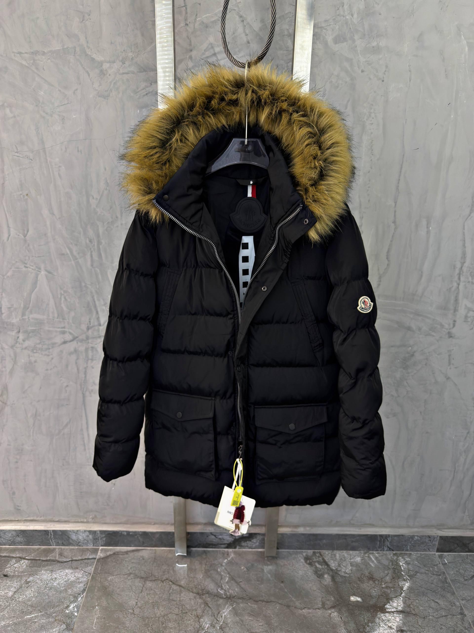 Black Moncler Cluny fur trimmed hood quilted puffer jacket