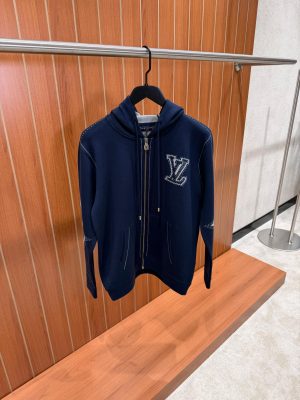 Navy LV graphic intarsia zipped cotton hoodie