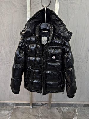 Black Moncler nylon laqué Maya hooded short down jacket