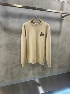 Beige loewe embroidered logo crew-neck cotton sweatshirt