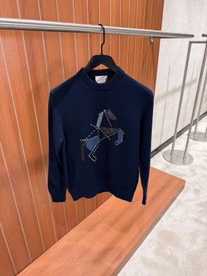 Navy Hermes cashmere cheval tangram crew-neck sweater