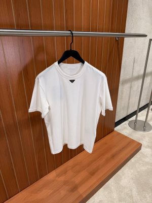 White prada triangle neck logo cotton tee