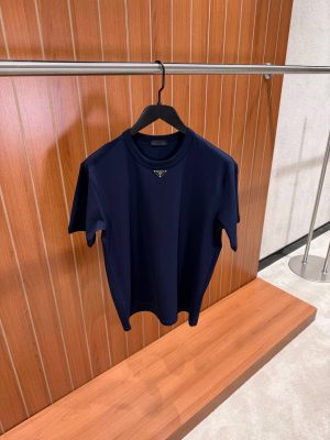 Navy prada triangle neck logo cotton tee