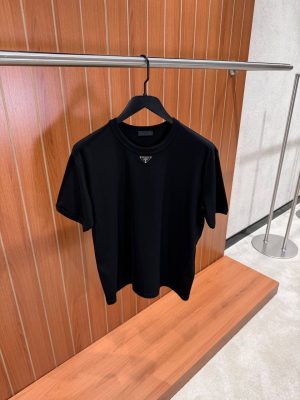 Black prada triangle neck logo cotton tee