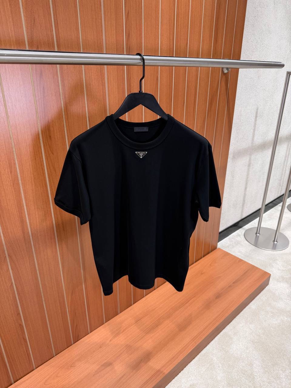 Black prada triangle neck logo cotton tee