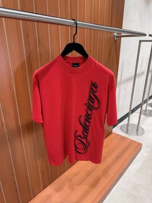 Red Balenciaga cursive Vertical Logo script cotton tee