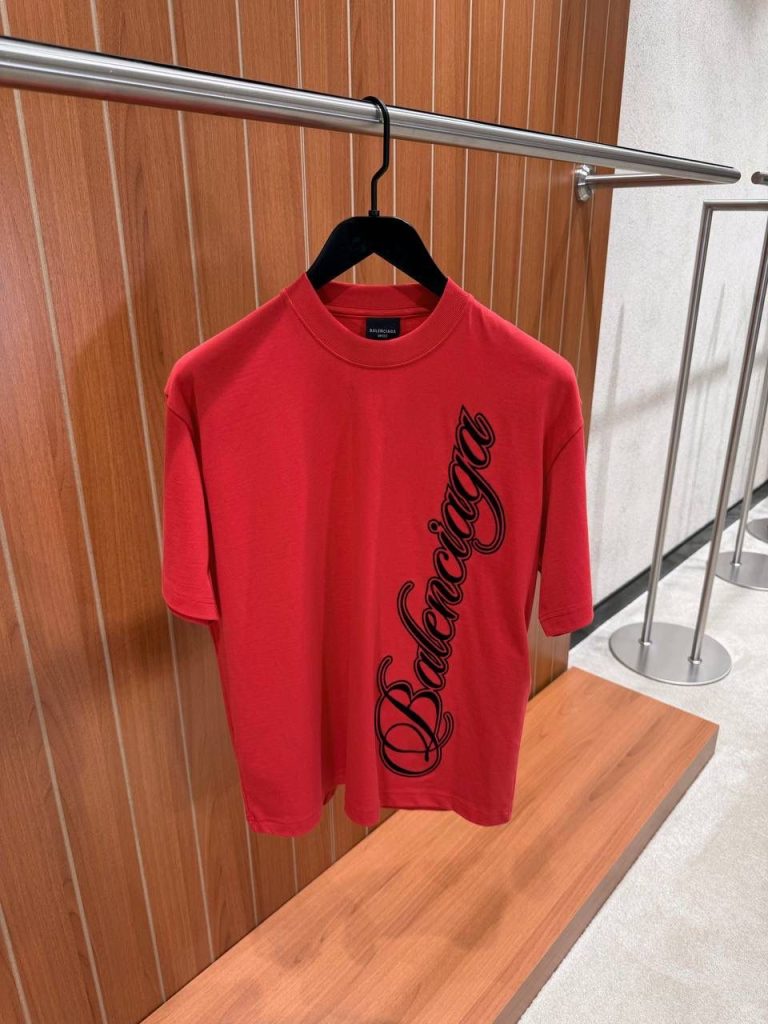 Red Balenciaga cursive Vertical Logo script cotton tee