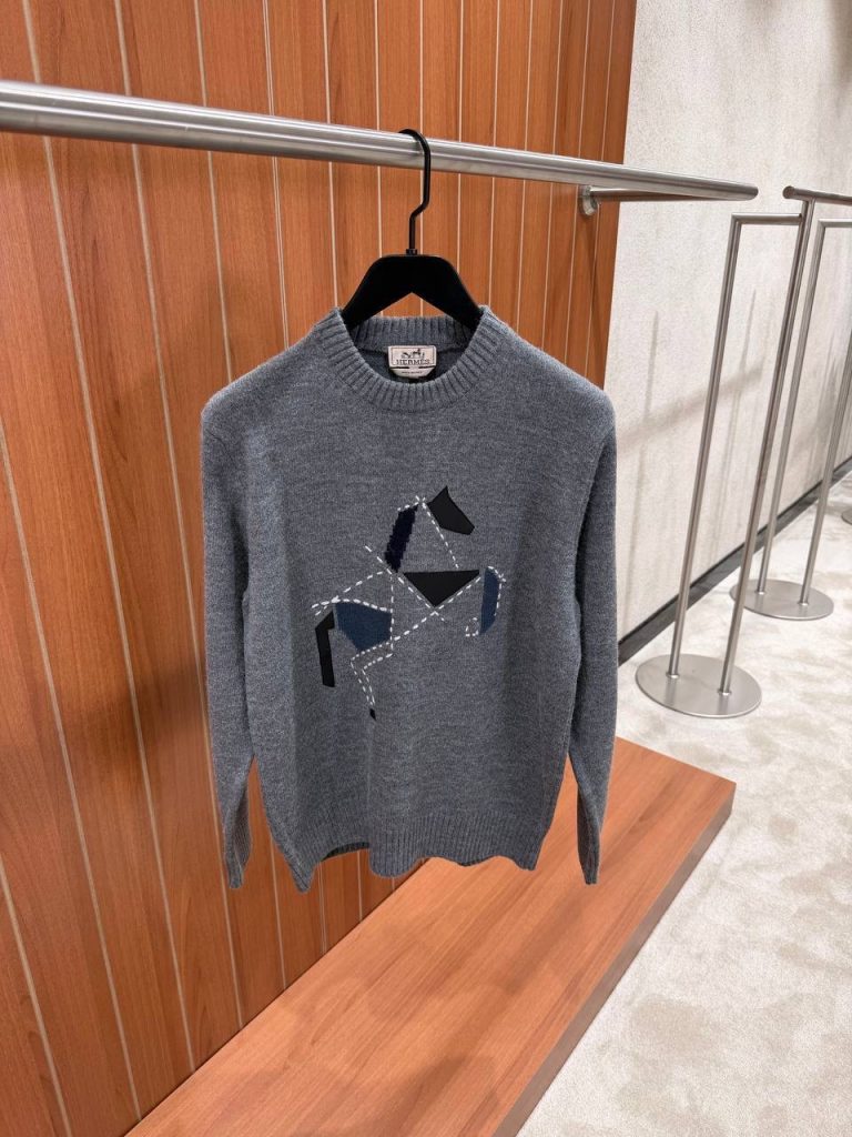 Gray Hermes cashmere cheval tangram crew-neck sweater