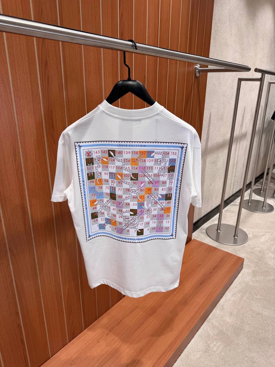 White LV Snakes and Ladders motif printed cotton tee